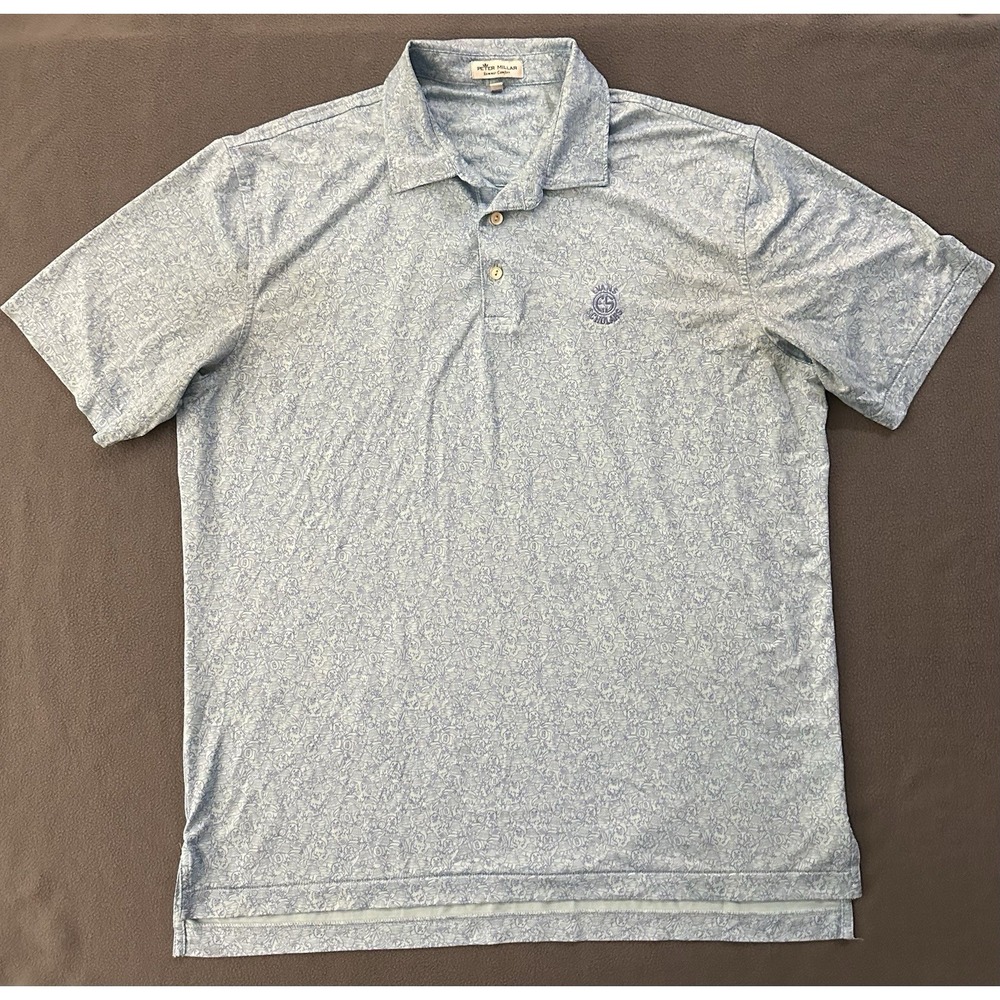 Peter Millar Summer Comfort Large White AOP Golf Polo Evans Scholars 19th Hole